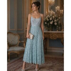 Vtg ILGWU Maxi Dress 8 Blue Lace Pleated Bridgerton Formal Made USA 90s
